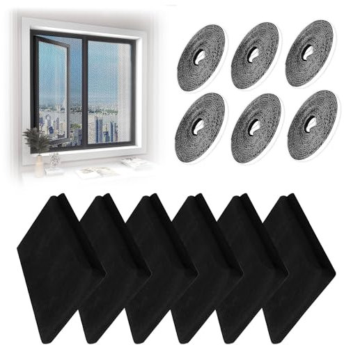Fliegengitternetze für Fenster, 6 Stück Insektenschutz Fensternetz, Fliegen Netz zuschneidbares Moskitonetz, 6 Rollen Selbstklebeband, Fliegengitter Fenster, Sommer Moskitonetze für Fliegen, 1.3mx1.5m