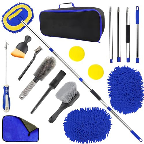 Kazaigou Car Wash Kit - 62 Car Wash Mitt with Long Handle, 2 Replacement Heads, Wheel Tire Brush, Detailing Brush, Towel for RV, SUV, Truck