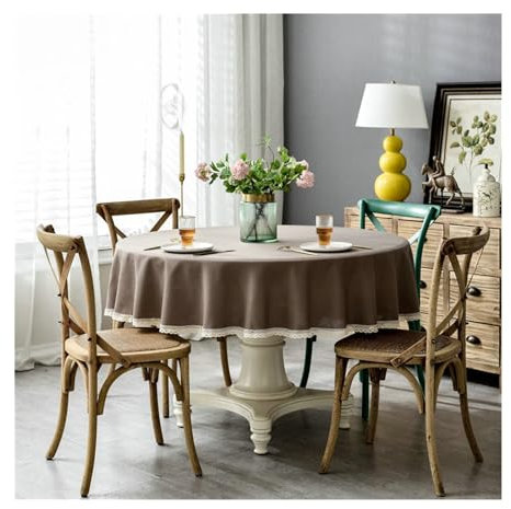 BCughia Tischdecke 120CM Rund, Tischdecke Abwaschbar Antirutsch Polyester Einfarbig mit Spitze Kante Tischdecke für Esstisch, Dunkel Khaki