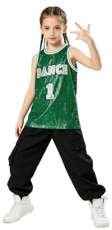 LOLANTA Ropa Hip Hop Niña Lentejuelas Ropa de Baile Trajes de Baile Callejero, Verde, 6-7 años, 130