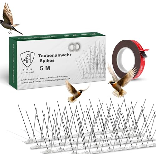 Picpige Dissuasores de Palomas - 5 Metros - Pinchos en Acero Inoxidable - 5M Cinta Adhesiva Incluida - 20 Unidades - Anti Palomas para Balcón, Tejado, Valla - (20x25cm)
