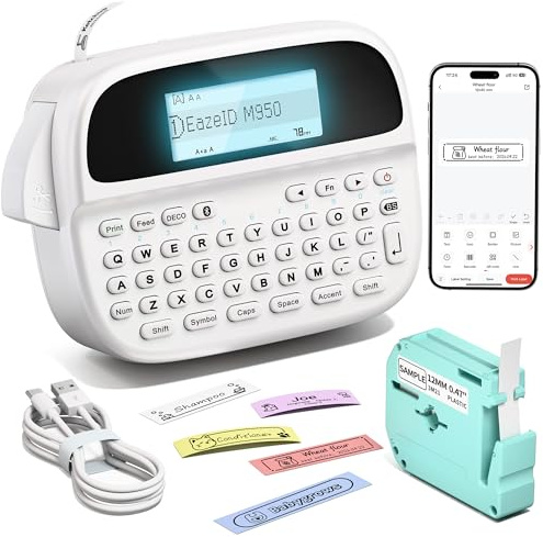 EazeID Dispositivo de etiquetado M950 autoadhesivo, dispositivo de etiquetado Bluetooth, impresora de etiquetas con teclado QWERTZ y pantalla LCD, impresora de etiquetas resistente al agua para