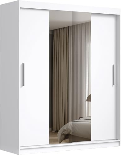 MebLocker Moderner Schiebetürenschrank mit Spiegel, Regalen & Kleiderstange, Platzsparendes Schrank Design für Schlafzimmer oder Flur (Weiß, 200)