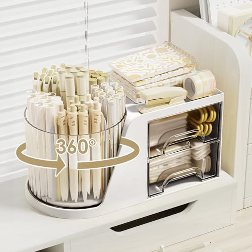 Foyucool Organisateur de Bureau Rotatif à 360°, pot a Crayon Avec 2 Tiroirs, Rangement Maquillage Rotatif, Rangement Bureau Multifonction, Avec 6 Compartiments, pour Bureau, Cosmétiques, École, Blanc