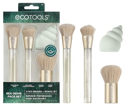 EcoTools Sea Gems Face Makeup Brush & Sponge 4 Piece Set, Eco-Friendly Makeup Brushes & Makeup Sponge, For Foundation, Blush, Contour, & Setting Powder, Recycled Plastic, Cruelty-Free Tools