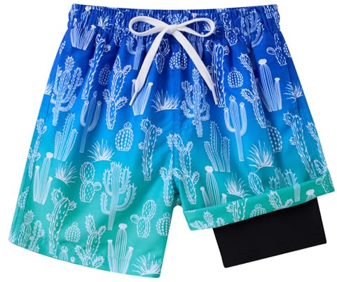 Dancinova Badshorts för pojkar, badbyxor, barn, kompression, foder, badshorts, snabbtorkande simbyxor med boxershorts liner 7–16 år, Kaktus färgförlopp, 10-12 år