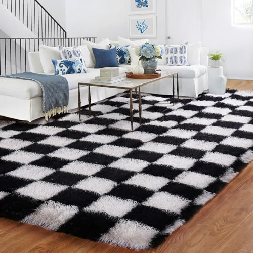 Teppich Kariert Wohnzimmer 180x270cm, Waschbarer Teppiche Schlafzimmer Schwarz Weiß, Flauschig Hochflor Antirutsch Checkered Rug, Modern Schachbrett Groß Carpet für Living Room Kinderzimmer