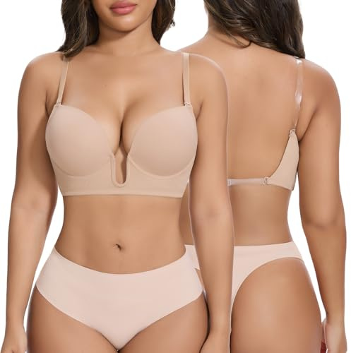 Joyshaper Low Back Bra for Women Plunge U Neck Underwire Push Up Brassieres Backless Bralettes for Wedding Party, Beige, S