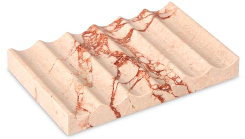 Seifenschale Marmor mit Ablauf, Rosa, 12.5 x 8 x 2 cm | Naturstein, Luxuriös, Seifenschale Rechteckige Wellenform, Selbstentleerend, Seifenbox für Badezimmer und Küche