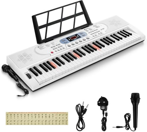INMOZATA 61 Key Electronic Keyboard Piano, Musical Keyboard for Beginner, Light Up Keyboard Piano with Microphone Piano Note Sticker, White
