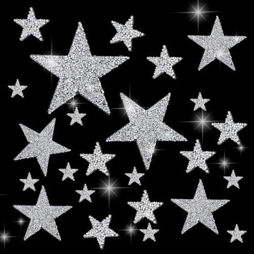 Stern Aufnäher zum Aufbügeln 24 Stück, Silber Bügelbilder für Kleidung, Sternform, Strass, Patches zum Aufbügeln, DIY-Zubehör für Kleidung, Jeans, Taschen, Hüte, Reparatur-Dekoration