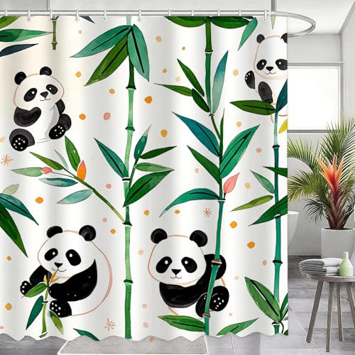 WYRCFS Duschvorhang 200x200 cm, Grün Blätter Panda, Wasserdicht, mit Haken | Polyester, Waschbar & schnell trocknend, Wasserabweisend, Anti-Schimmel, Beschwerter Saum, Ideal für Badezimmer,12 Haken inkl