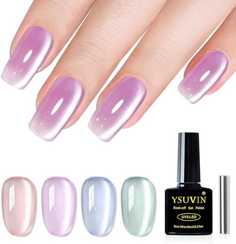 Yueshop Cat Eye Gel Nail Polish,4 Colors Summer Jelly Glass Crystal Pink Purple Blue Green Magnetic Gel Nail Polish Soak Off UV LED Nail Varnish For Nail Studio Art Salon, 8ml