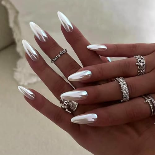 24 Pièces Français Faux Ongles Autocollants, Argent Aurore Amande Ongles à Coller Couleur Pure Press on Nails, Réutilisables Couverture Complète Brillant Acrylique Ongles pour Femme Fille