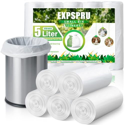 Expspru Small Bin Bags 5L Mini Pedal Bin Liners White Wastebasket Bin Bigs for Bathroom, Office, Kitchen, Bedroom,120 Count