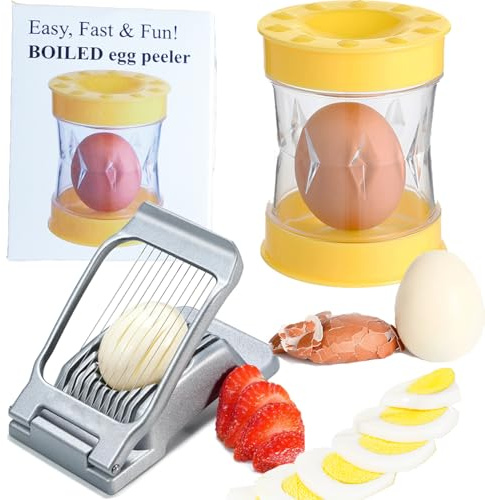 SYXLTSH Set of 2: Hard Boiled Egg Peeler + Egg Slicer for Hard Boiled Eggs, Heavy Duty Metal Stainless Steel Egg Cutter for Strawberry Mushroom Soft Fruit Kitchen Tool (Peeler+Slicer(Yellow & Sliver))