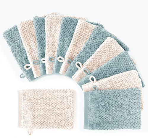 Pure Label 12-TLG. Waschhandschuh Waschlappen Set mit Anhängeschlaufe aus 100% Baumwolle, saugstark, weich und Oeko-TEX Zertifiziert - 12 Waschlappen aus Baumwolle 16x21cm, Creme | Türkis