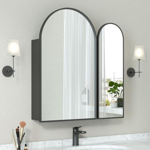 Mepplzian 60x70 Black Bathroom Mirror Cabinets,2-Door Bathroom Cabinet with Mirror,Arched Mirrored Bath room Cabinets Wall Mounted,Bath room Mirror with Storage