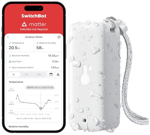 SwitchBot Hygromètre IP65 pour intérieur et extérieur, Bluetooth, point de rosée, capteur d'humidité absolue, thermomètre extérieur, stockage des données pour serre, cave à vin