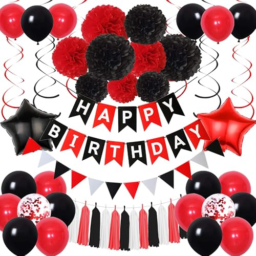 Xietaea Deko Geburtstag Girlande Ballons - Schwarz Rot Geburtstagsdeko Luftballons Papier Pompons Quasten, Glitzer Wimpel und Hängende Wirbel zum Geburtstagsfeier Dekoration