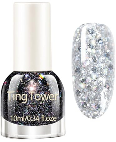 Glitter Nail Polish - Black Nail Polish - Sparkle Black Nail Varnish - Holographic Long Lasting Quick Dry Nail polish No Uv Lamp - Shimmer Iridescent nail polish For Women Diy Nail Art Gift Manicure