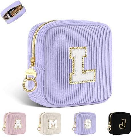 Kosmetiktasche Klein Personalisierte Mini Make up Tasche Kleine Cord Schminktasche Damen Tragbare Reise-Kulturbeutel für Toilettenartikel Organizer Initialen Geburtstag für Mädchen Hellviolett L