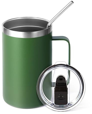 Volhoply 470ml (16oz) Insulated Coffee Mug with Lid and Straw, Stainless Steel Travel Mugs with Handle, Double Wall Vacuum Leak Proof Coffee Tumbler Cup (Army Green,1)