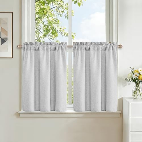 DWCN Hellgrau Vorhänge Leinen Scheibengardinen Kurz H45xB60cm 2er Set mit Stangendurchzug Küchengardinen Modern Bistrogardine mit Stangedurchzug für Kinderzimmer Schrankvorhang Badezimmer Landhaus