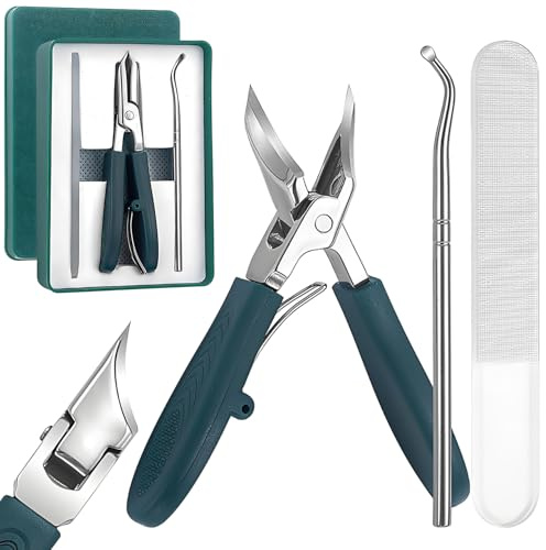 Set de 3 Cortauñas para Uñas Encarnadas | Cortauñas de Acero Inoxidable para Uñas Gruesas | Cuchillas Inclinadas en Forma de Pico de Águila con Herramienta y Lima | Set para Personas Mayores (Verde)