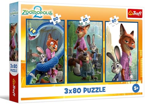 Trefl - Puzzle 3x80 Teile, 3-in-1: Tierkrimi, Zootopia 2, 5+ | Set mit 3 Puzzles, Märchenhelden, Hochwertig, Kreative Unterhaltung, Training der Beobachtungsgabe