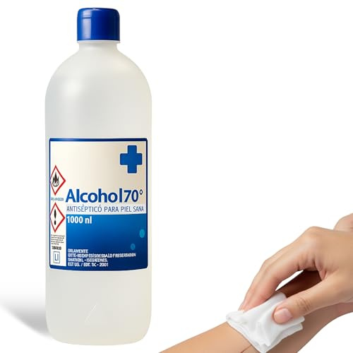Alcohol 70º, Etanol 70, Alcohol etílico desinfectante manos antiséptico, Ethyl alcohol ethanol, Alcohol sanitario para heridas, Alcohol farmacia, Tapón seguridad, Concentración 70º, Contiene 1000 ml