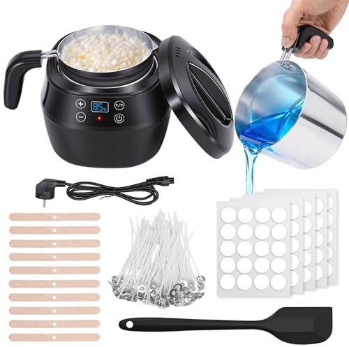 HISUEKIG Fondeur de Cire Bougie Électrique 1L 150 W, Kit Fabrication Bougie Fondoir Cire Bougie avec Affichage de la Température, Mèches, Dispositif de Centrage et Cuillère Mélangeuse