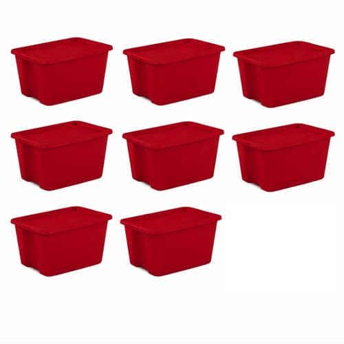 Red 8-Pack 18 Gallon Plastic Storage Bins with Snap-On Lids, Stackable Lidded Containers with Comfortable Integrated Handles for Camping Gear, Sports Equipment, Tools, Blankets & Sleeping Bags