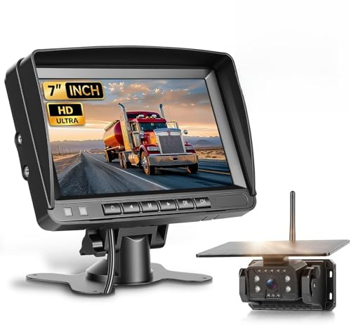 VECHTEL Caméra de recul sans Fil avec écran HD IPS 7 Pouces, Vision Nocturne numérique IP68, Alimentation Solaire, Support télescopique et Prise Allume-Cigare.