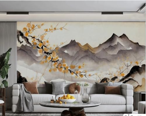 Carta Da Parati Arte Moderna Giallo Fiore Di Pesco Inchiostro Nuvola Picco Di Montagna Pittura A Olio TV Divano Sfondo Muro Carta Da Parati Soggiorno Sala Da Pranzo Murale,3D,150x105 Cm