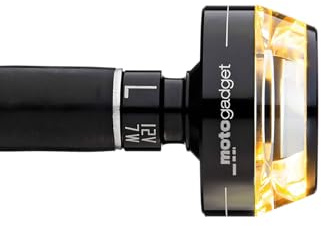 Motogadget Motorradblinker LED Lenkerendenblinker m-Blaze schwarz rechts | 7 W, vorne, rundes Aluminiumgehäuse mit transparentem Glas, orange Lichtfarbe; für 22 mm und 1 Zoll Lenker, Innen-Ø 14-21 mm