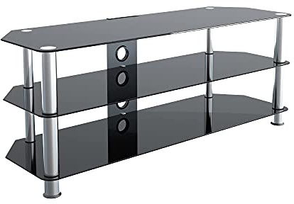 MAHARA Glass Corner TV Stand with Cable Management - TV Floor Stand Max 60 Inch TV - TV Mount Stand Max Weight 45kg TV - Chrome Effect/Black Tempered Safety Glass TV Stand Unit