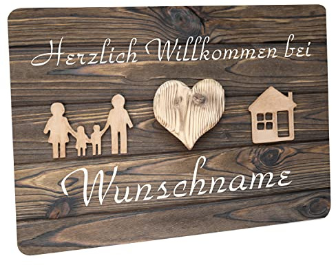 Crealuxe Fußmatte personalisiert - robuste, rutschfeste Fussmatte für Außen & Innen - waschbare Schmutzfangmatte - Fußabtreter Türmatte für aussen & an der Haustür - 60x40cm - Familie Herz Haus Holz