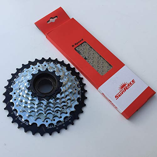 SunRace Verschleißset Kette CNM84 Silber + Schraubkranz MFM568 8-Fach 13-34 Zähne
