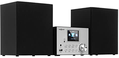 Oneconcept Streamo - Chaîne stéréo avec radio internet, réception radio via WLAN, DAB/DAB+ et FM, 2x haut-parleur 10W RMS, Bluetooth, lecteur CD, connexions: USB, AUX-IN, Écran HCC 2,4, argent