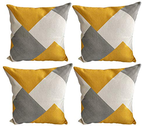 Set of 4 Thick Mustard Yellow Polyester Geometric Printed Design Sofa Cushion Covers with Hidden Zip Closure 18x18 Inch 700g (Grey White Yellow Puzzle, 18x18(45x45cm) - 700g)