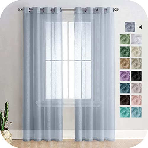MRTREES Voile Gardinen Vorhang halbtransparent kurz mit Ösen in Leinenoptik Stores Gardinen Schals für Wohnzimmer Schlafzimmer Kinderzimmer Grau 225×140cm (H×B) 2er Set