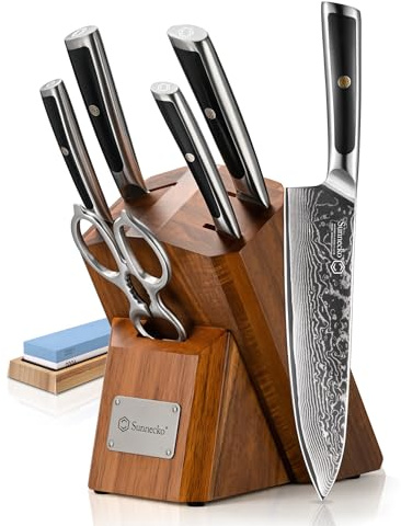 Sunnecko 7tlg Damastmesser Messerblock mit Messer | Messer Set mit Block Damaststahl Klinge Ergonomischer Griff, Messerset mit Küchenschere Messerhalter