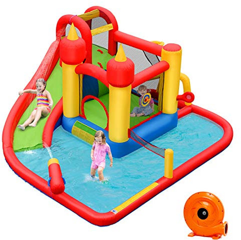 COSTWAY Aufblasbare Hüpfburg + 610W Gebläse Kombination mit Rutsche Wasserbecken, Springburg Hüpfschloss Outdoor Bouncer Spielpool Luftgebläse inkl. Tragetasche, Pfähle, Reparaturpaket 426x378x226cm