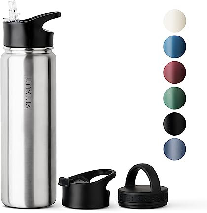Vinsun Edelstahl Trinkflasche 750ml - 3 Deckel - auslaufsicher, Kohlensäure geeignet, BPA frei - Thermosflasche Sport, Outdoor, Schule, Uni, Fahrrad, Büro, Gym