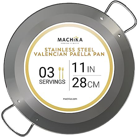 Machika Stainless Steel Pan | Nonstick Frying Pan| Induction Frying Pan for Paella and Rice Recipes | Ideal for Home Cooks, Restaurants & Catering | 3 Servings | 11 inches |