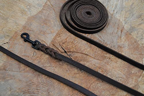 Petite Lederleine geflochten Antik-Leder 10mm x 7m ohne Schlaufe schwarzer Karabiner Schleppleine Fährtenleine