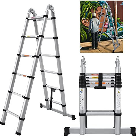 VickyHome Multi-Purpose Industrial Ladder Stainless Steel Frame Herringbone A-Type Straight Ladder, EN131 Standards Retractable Safety Loft Ladder, Max Load 330lbs, 3.8M/12.5FT A-Frame