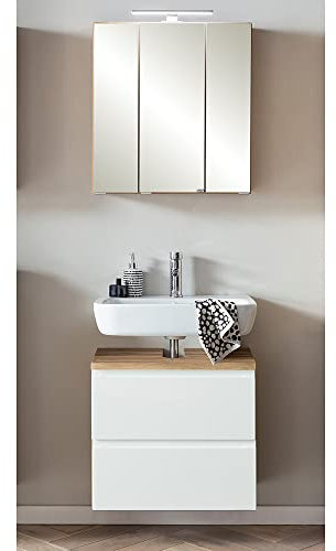 Lomadox Badmöbel Waschplatz Set, 60cm, mit Waschbeckenunterschrank und Spiegelschrank, LED Beleuchtung, Wotan Eiche Nb. mit weiß matt, B/H/T ca. 60/200/35 cm