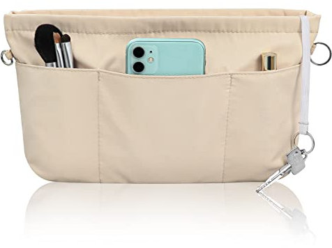 Grantop Handtaschen Organizer Nylon, Handtaschen Organizer mit Schlüsselbun, Taschenorganizer Filz Bag in Bag Tasche Organizer, Innentaschen für Handtaschen mit Schlüsselkette (Beige S)